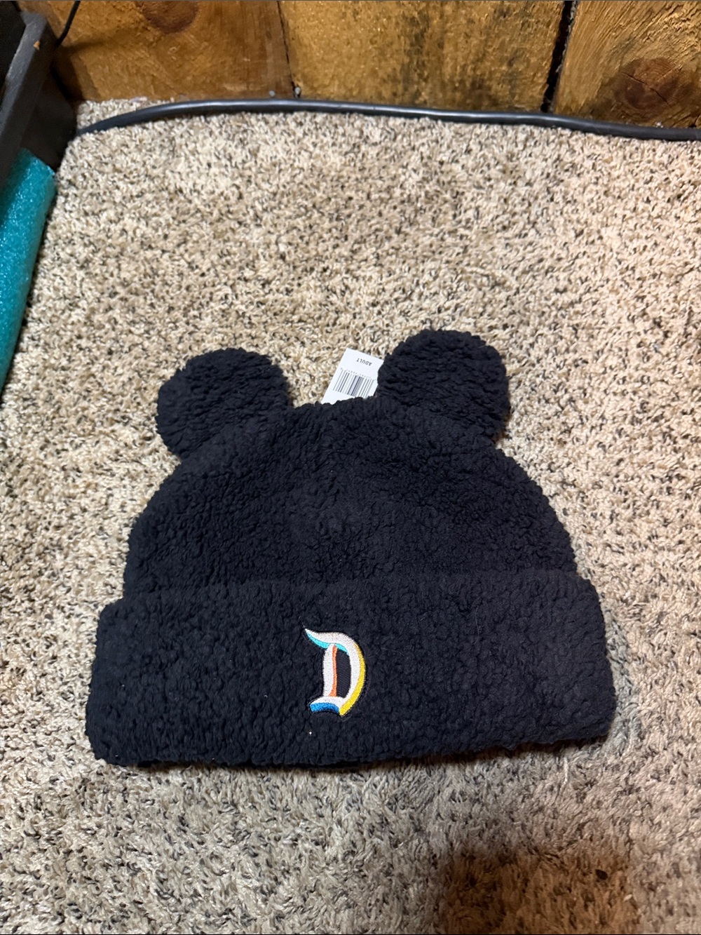 Disney Black Fuzzy Beanie with Ear Pom-Poms - D Logo